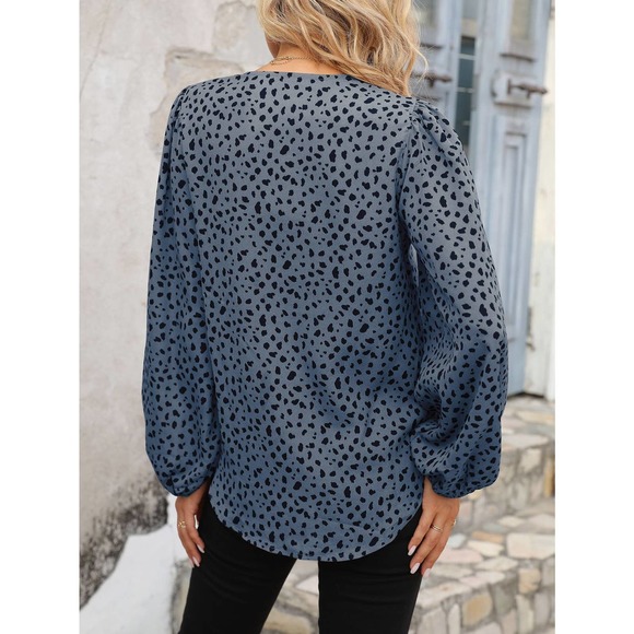 Leopard Print long sleeve v neck Lantern Sleeve Blouse boho tan black - Picture 4 of 11